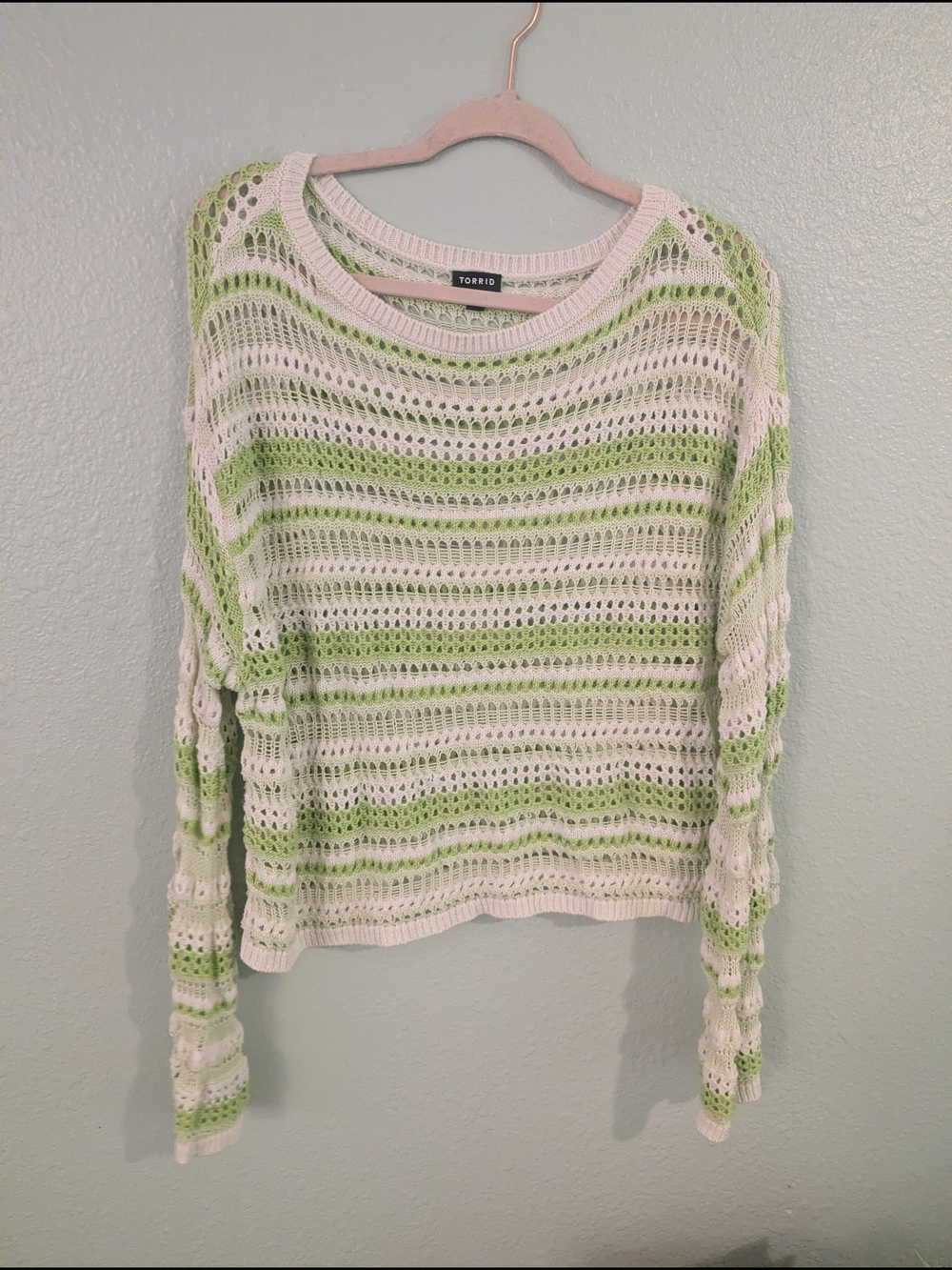 torrid White and Light Green Striped Open-Knit Sweater